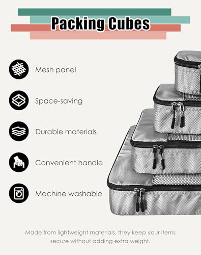WTREE 4-Piece Packing Cubes Travel Accessories Set for Suitcases - Luggage Organizer Bags with Double Zipper - Mesh Top - Small/Medium/Large/Slim - Grey - color: Grey, size: Slim, Small, Medium, Large