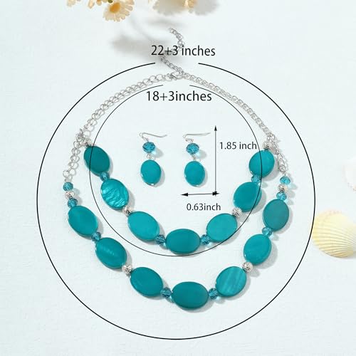 2 Layered Chunky Beaded Shell Necklace for Women Sea Shell blue/yellow/red/green/turquoise/teal/white Statement Necklace and Earring Set Elegant Women Necklace Set Jewelry Sets for Women - color: Teal Green