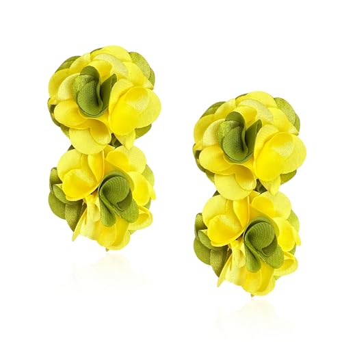 Oversized Fabric Flower Earrings for Women Statement Boho Chic Dangle Drop Earrings for Parties Weddings or Everyday Wear - color: Yellow Green