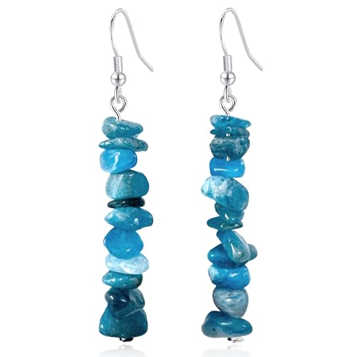Handmade Bohemian Vintage Silver Nature Stone Beads Long Dangle Drop Earrings for Women - color: Blue