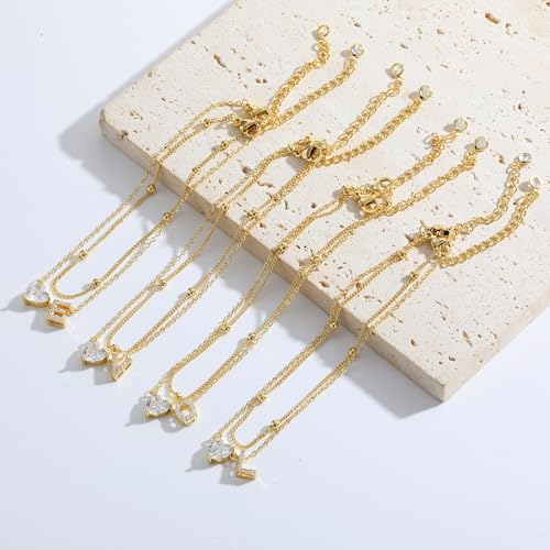 CAROVO Gold Ankle Bracelets for Women Waterproof 14K Real Gold Plated CZ Initial Anklet for Women Dainty Layered Letter A-Z Heart Ankle Bracelets Handmade Adjustable Anklet Summer Beach Jewelry - style: P