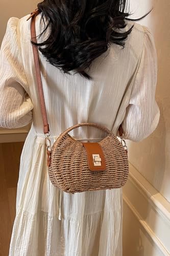 Handmade Straw Woven Bag Beach Clutch Purses Women Vacation Shell Shoulder Crossbody Summer Dumpling Handbag Basket Tote - color: B-khaki