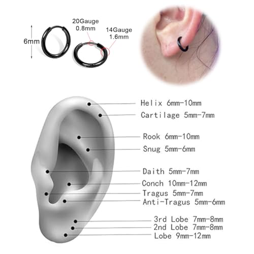 1 Pair 6mm Black Earrings for Men Women, 316L Surgical Stainless Steel Small Hoop Earrings Hypoallergenic Non Tarnish Cartilage Hoop Earrings for Multiple Piercing Huggie Hoop Earrings (Black/1.6mm) - color: Black, size: 6mm (Thickness: 1.6MM)