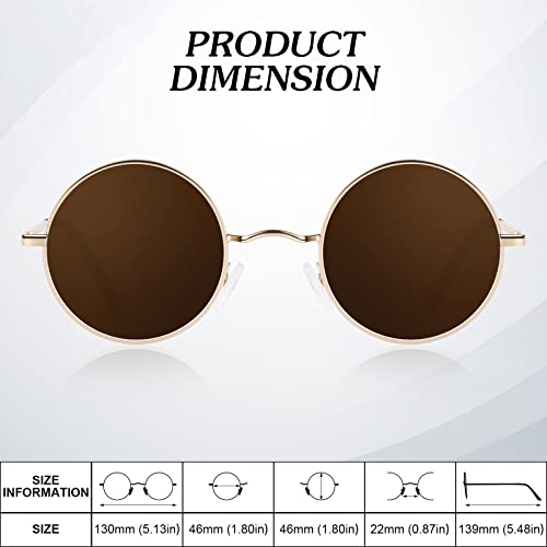 Round Polarized Sunglasses Men Women,Retro Metal Hippie Shades with 100% UV Protection - color: A04- Golden Frame Brown Lens