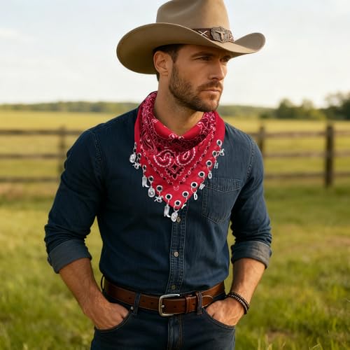 AWAYTR 100% Cotton Bandana for Cowgirl Western Cowboy Costume, 21 Inch Paisley Scarf with Grommet Western Ornaments - color: Red