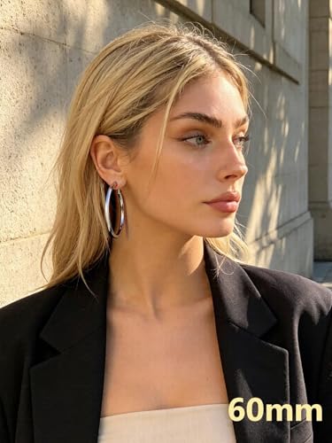 Bestyle 5mm Thick Gold Hoop Earrings Hypoallergenic Hoops for Sensitive Ears Trendy Lightweight Chunky Earrings for Women 30/40/60/80mm - color: 01-Silver, size: 60mm