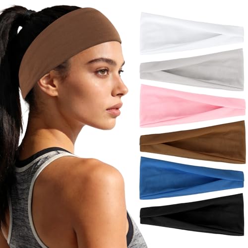 YARIEW 6Pcs Headbands Paisley Bandanas Head Bands Sweat Band Hair Wrap Headwrap Fashion Boho Wide Thick Workout Yoga Elastic Headbands Mens Cooling Running Sports Headband Sweatbands for Women and Men - color: Grey, Navy, Brown, White, Pink, Black