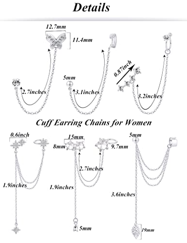 Tornito 6-12Pcs Cuff Earring Chain Leaf Snowflake Star Butterfly with CZ Crawler Climber Earring Studs Drop Dangling Chain Wrap Tassel Earring for Women Men 20G Silver Gold Tone - color: A:Silver Tone