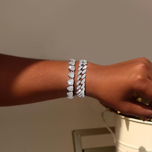 TEN MIRO Silver Plated Bracelets for Women,Silver Tennis Bracelets for Women Non Tarnish Heart Square Cuban Bracelet stack Layered Link Bracelet Set Fashion Jewelry for Women or Men