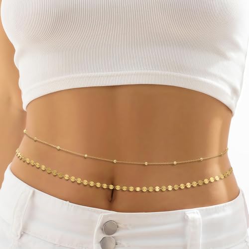 14K Gold Plated Waist Chain for Women, 2Pcs Adjustable Pearl Beads Body Chain, Sexy Layered Summer Beach Bikini Belly Jewelry Accessories - style: Satellite&Sequins