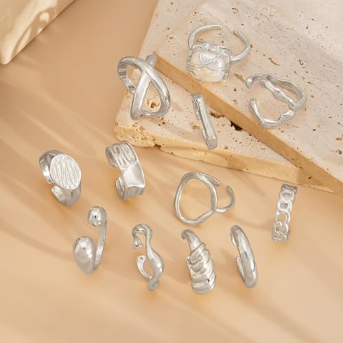 Chunky Gold Rings for Women Non Tarnish Boho Stackable Rings Set Adjustable Open Joint Finger Midi Knuckle Ring Packs - color: Silver Pearl Rings 12Pcs