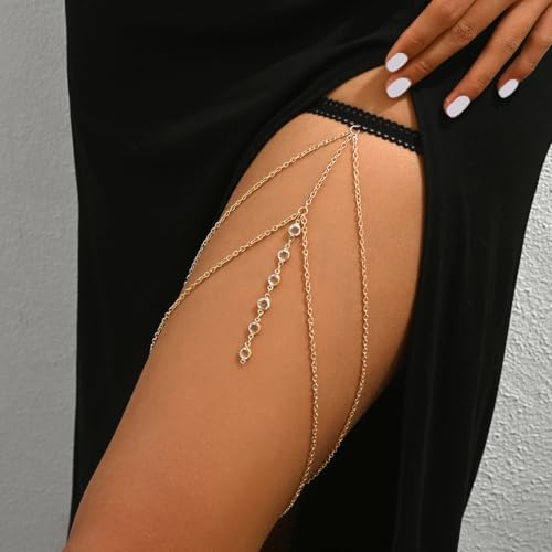 Gold Thigh Chain Rhinestone Leg Wrap Garter Belt Boho Beach Body Chain Bikini Thigh Accessory for Women