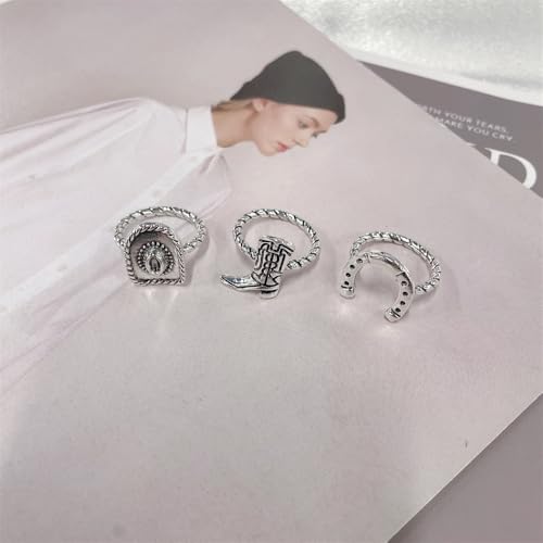 NewZenro 3PCS Western Cowboy Stacking Rings Set for Women Men Vintage Boho Cowgirl Hat Boot Horseshoe Stackable Statement Finger Band Rings Comfort Fit Country Concert Party Holiday Jewelry Size 7 - color: Silver