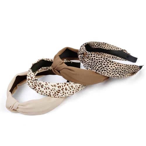 Knotted Fashion Hairbands and Hair Hoops: Non-Slip Top Knot Headbands with Leopard Print for Women and Girls - 4PCS Beige Brown Hair Accessories Set - color: Beige Brown Leopard Head Band