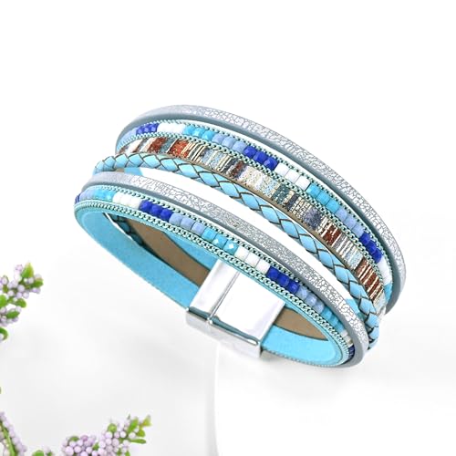 VIBILIA Boho Leather Wrap Bracelets for Women Multi-Layer Bracelets with Strong Clasp Jewelry for Women - color: 03-BohoBraid-Blue