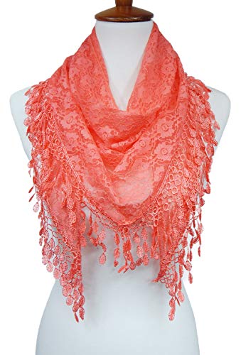 Cindy & Wendy Floral Embroidered Lace Triangle Scarf for Women - color: Coral