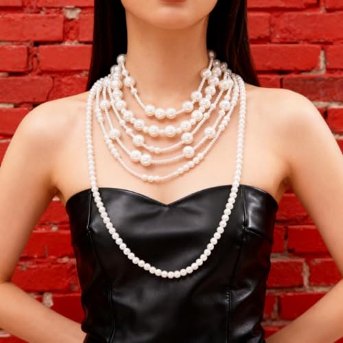 Layered Pearl Necklaces for Women Big Pearl Long Chain Necklace Dainty Faux Pearl Necklaces Statement Sweater Strand Chain Jewelry - style: SetB