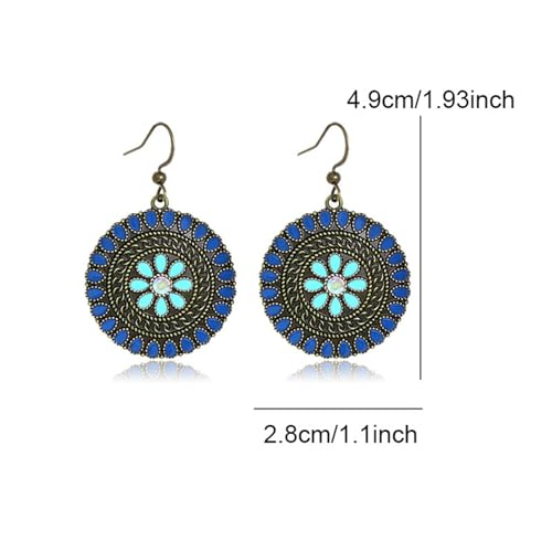 MALOYANVE Vintage Boho Circular Flower Dangle Earring, Handmade Bronze Tribal Round Enamel Floral Drop, Bohemian Ethnic Statement Jewelry Gift for Women - color: Blue