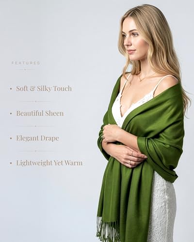 Achillea Lightweight Pashmina Scarf for Women – Soft Silky Shawl Wrap for Evening Dresses, Bridesmaids & Everyday Wear - color: Olive Green
