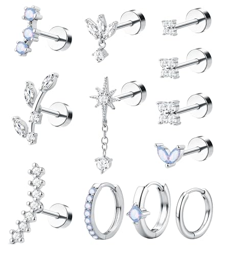 ORAZIO 16 Gauge Cartilage Earrings for Women Flat Back Hypoallergenic Surgical Steel Small Flatback Stud Hoop Cartilage Earring Stack Set Daith Conch Tragus Helix Piercing Jewelry Single PC - color: Silver Plated+Blue Opal