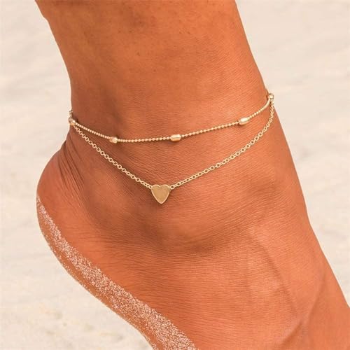 MIDEEO Gold/Silver Ankle Bracelets for Women,14K Gold Anklets for Women Waterproof Cuban Link Heart Beads Herringbone Rhinestone Anklets Set Layered Anklet Bracelets for Women Gold Jewelry Gift - style: 2 Layers Anklet C-Gold