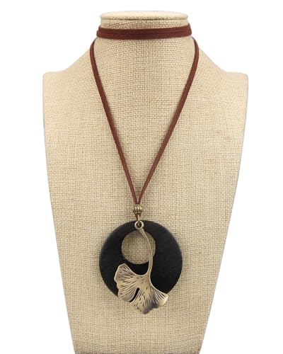 Kelake Leather Necklace for Women Men Teen Vinatge Boho Alloy Pendant Choker Jewelry Fashion Sweater Necklaces with Adjustable Genuine Leather Chain - color: Gold Ginkgo Leaf & Black Wood Pendant