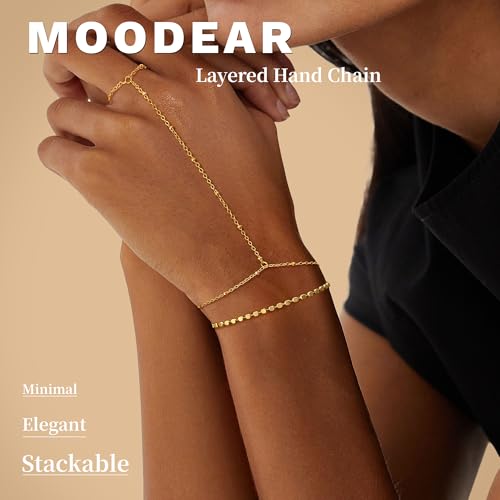 Moodear Gold Hand Chain Bracelet for Women - 14K Gold Plated/Sterling Silver Layered Adjustable Satellite Bead Paperclip Dot CZ Link Hand Chain Ring Bracelets Non Tarnish Trendy Jewelry Gift - style: Dot hand bracelet-GD