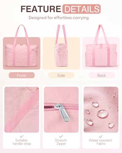 Tote Bag for Women, 26L Capacity Travel Purses Work Bag, Small Zipper Tote Bag for Travel Nurse Gym Teacher - color: Pink