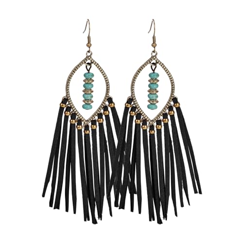 Long Bohemian Fringe Leather Earrrings Handmade Tassel Earrings with Turquoise Christmas Long Dangle Earrings for Women rodeo jewelry - color: 1