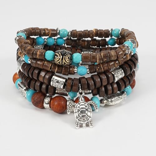 COLORFUL BLING Boho Turquoise Wooden Beaded Stretch Bracelets Stackable Turtle Butterfly Elephant Shell Heart Charms Bracelet for Women Men Western Jewelry Gifts - style: Set 2