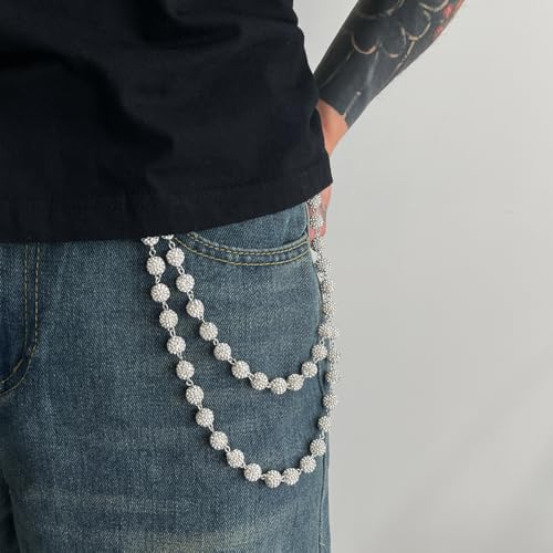Rhinestone Ball Jeans Chain, Double Layer Crystal Waist Chain, Silver & Blue Sparkly Bling Pants Chain, Hip Hop Belt Chain Accessories for Women Men, Y2K Punk Aesthetic for Party, Festival, Everyday Wear - color: White