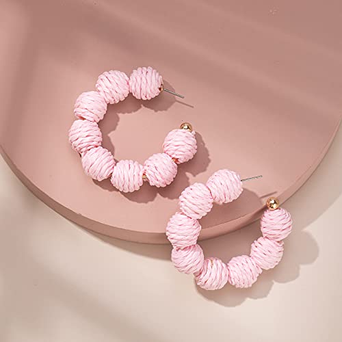 Raffia Hoop Earrings Statement Boho Beaded Earrings Cute Rattan Handmade Colorful Jewelry for Women Unique Summer Outfits - color: Pink