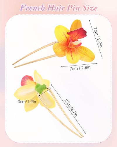 WELROG 3 Pack Hawaiian Orchid Flower Hair Pins,Metal Hair Sticks for Beach Vacation,Non-Slip Fork for Thick Hair Updo - color: Yellow+Pink+Greem