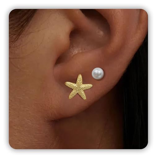 SmileBelle 2 Pairs Daisy Bow Gold Earrings Set for Women, Pearl Bow Earring for Women X Minimalist earrings Seashell Simple Dainty Earrings, Beach earring Gold Stud Earring for Women Trendy - style: Starfish earrings set