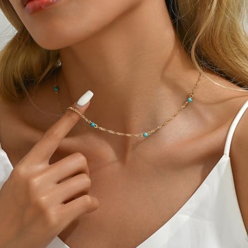 NONAMOIS Gold Chain Necklace for Women Dainty 18K Gold Plated Thin Satellite Beaded Turquoise Necklace Simple Layered Boho Jewelry Christmas Gifts - color: Twisted Turquoise Beads-Gold