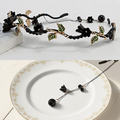 AHONEY Black Flower Headband Crown for Women Girls Dark Fairy Hair Accessories Gothic Headpiece Hair Vine Leaf Headband - color: Black