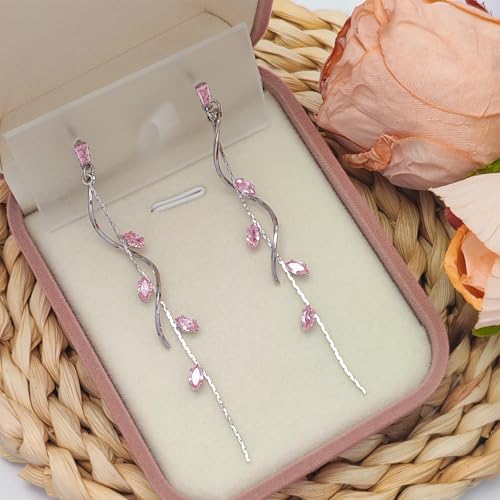 Crystal Drop Earrings,Zirconia Rhinestone Dangling Earrings for Women Prom Party Jewelry Gifts， Dangle Fashion Jewelry Crystal Earrings for Women - color: pink silver