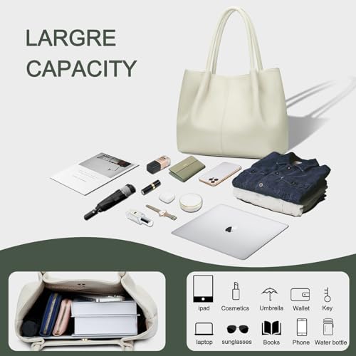 KKXIU Tote Bag for Women Vegan Leather Shoulder Purse Large Capacity Travel Bag - color: Cream White
