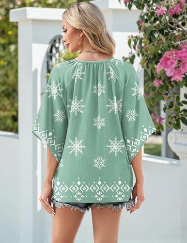 Zeagoo Womens Tops 3/4 Sleeve V Neck Bohemian Blouses Casual Loose Fit Tunic Boho Shirts Floral Printed Clothes - color: Light Green Mz915, size: Large