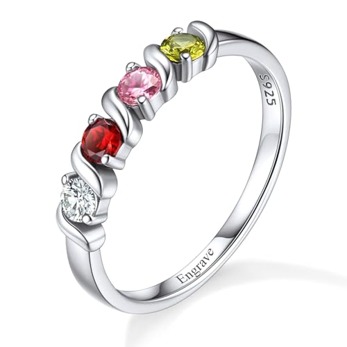 Custom4U Personalized Mothers Ring with 1-5 Birthstones Names Engraved 925 Sterling Silver/14K White Gold Plated Birthstone Rings for Women Promise Ring Birthday Jewelry Gifts for Mom Grandmother Wife - color: 4 Birthstones Ring (Custom)