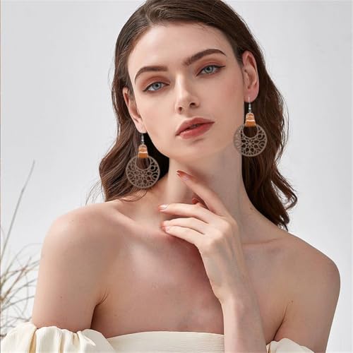 Handmade 70s 80s Retro Leather Round Hollow Wooden Flower Dangle Drop Earring Unique Lightweight Flower Hook Earrings For Women