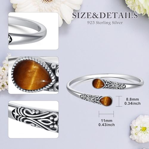 925 Sterling Silver Genuine Gemstone Bracelet for Women Men Handmade Adjustable Boho Navajo Style Bangle Cuff Natural Stone Jewelry Gift - color: Tiger Eye