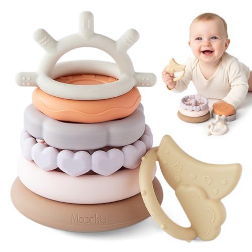Moonkie Stacks of Circles Soft Teething Toy | Educational Learning Baby Toy | Stacking Ring Toys for Babies Boy and Girl | 7 Piece Teethers Set (Nature) - color: Nature