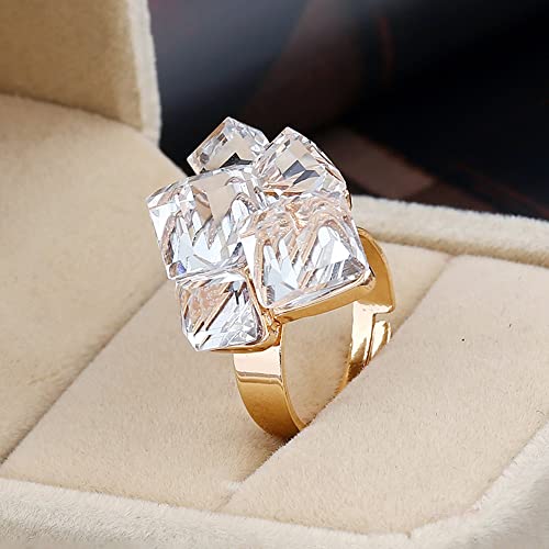 Hebelee Boho Square Crystal Statement Ring for Women Gold-Toned Adjustable Expandable Promise Engagement Geometric Rings Comfort Fit Elegant Art Deco Birthday Christmas Cocktail Party Y2K Jewelry - color: White