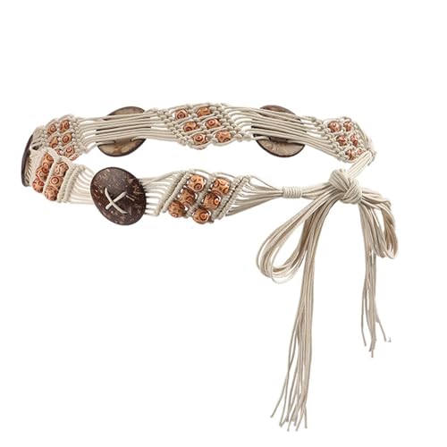 TeeYee Women's Waist Belt Adjustable Boho Style Handwoven Bohemia Tassel Rope Tie with Wooden Beads Braided Chain for Dress - color: 285white
