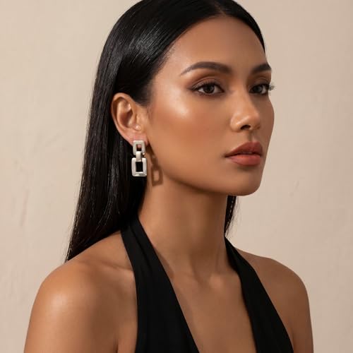 MUYAN Gold Silver Geometric Drop Dangle Earrings for Women Brushed Link Square Dangle Earrings Trendy Jewelry - color: B Silver