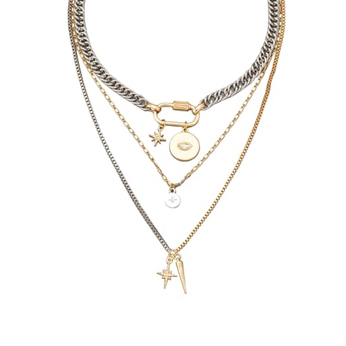 Gold Layered Necklaces for Women,Tone Mixed Necklace Chain,Chunky Paperclip Chain Silver Coin Pendant,Trendy Statement Jewelry Gift