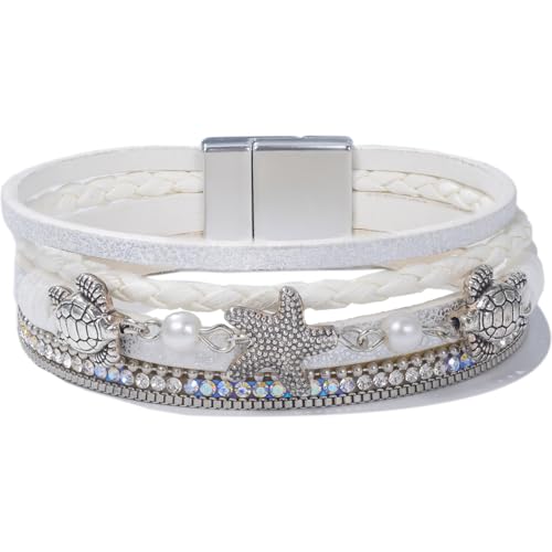 FANCY SHINY Turtle Starfish Leather Wrap Bracelet Boho Rhinestone Pearl Cuff Bracelets for Women Summer Beach Jewelry for Women - color: White