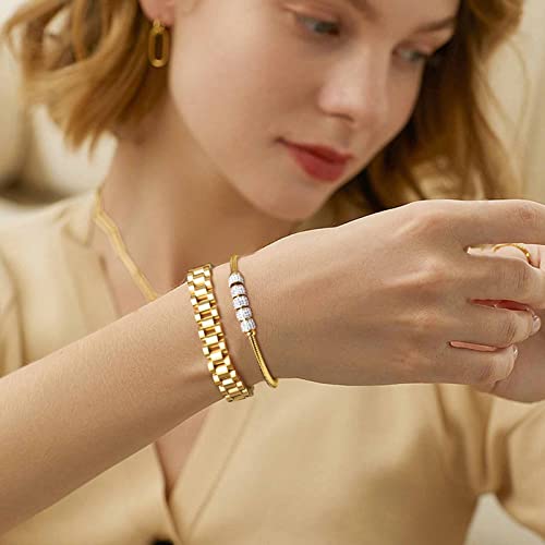 MPRAINBOW 2pcs 18K Gold Plated Chain Link Bracelet, Stainless Steel Crystal Friendship Bracelets Bangle,Watch Band Chains Wristband Jewelry with Adjust Tool - color: Gold-set D