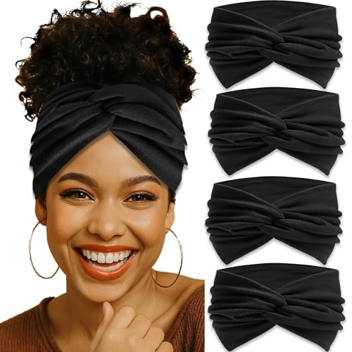 4 Pack Wide Headbands for Women Twist Headbands Stretchy Boho Turban Hair Band Non Slip Workout Women Head Wraps Accessories (Black) - color: Black